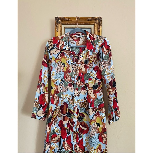 ZARA Blue Silky Satin Floral Printed Long Sleeve Button Down Midi Shirt Dress - Picture 13 of 17